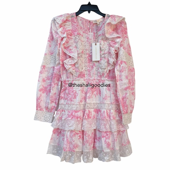 LOVESHACKFANCY Santorini Dress Floral Lace Ruffle Pink White - Picture 5 of 10